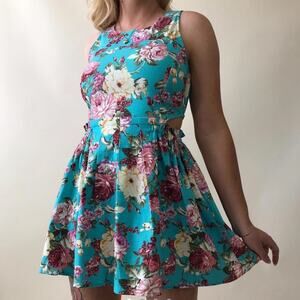 VINTAGE Teal Colorful Floral Cut Out Mini Dress